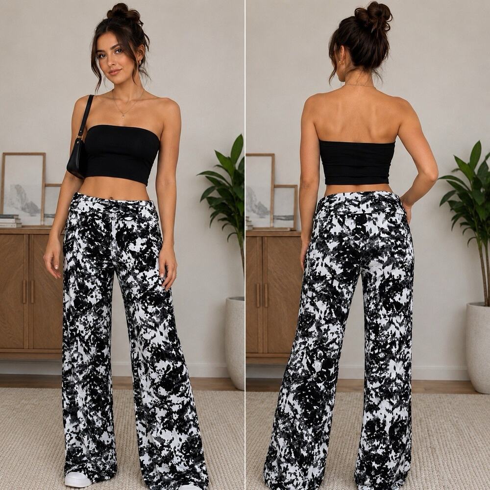 BKE Womens Sm Foldover Wide Leg Legging Black White Abstract Y2K Boho USA Made